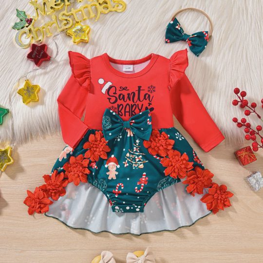 【0M-18M】Girls Christmas Party Letter Print Long Sleeve Floral Romper Dress