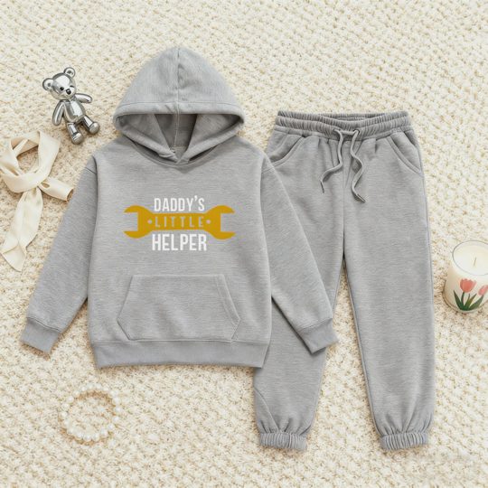 【2Y-13Y】Fleece-Lined Hoodie And Joggers Set With Daddy's Little Helper Design For Kids