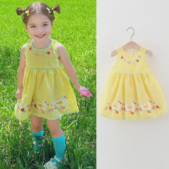 【9M-5Y】Girls Cotton Yellow Plaid Duck Embroidery Sleeveless Dress