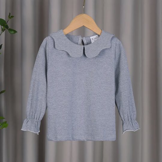 【6M-6Y】Girls Versatile Solid Color Peter Pan Collar Lace-Trim Long-Sleeve Cotton T-Shirt