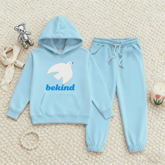 【2Y-13Y】Fleece-Lined Hoodie And Joggers Set With Be Kind Pigeon Design For Kids