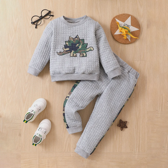【18M-6Y】Boys' Dinosaur Appliqué Waffle Knit Long Sleeve Crewneck Sweatshirt & Sweatpants Set