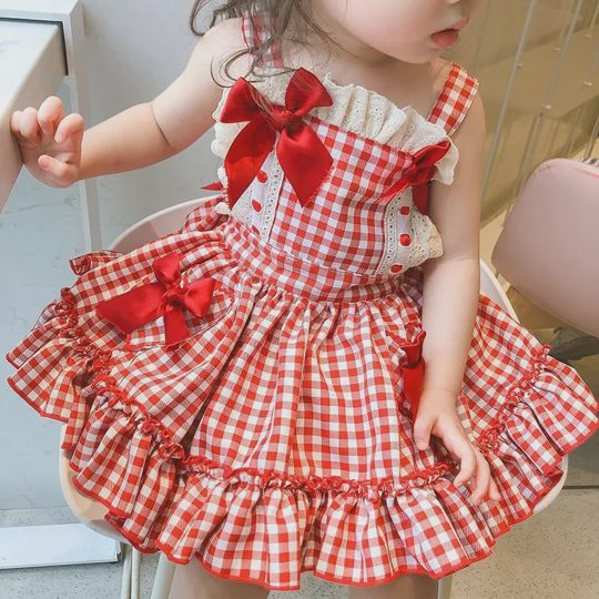 【18M-8Y】Girls Red Plaid Bow Backless Dress - 33388