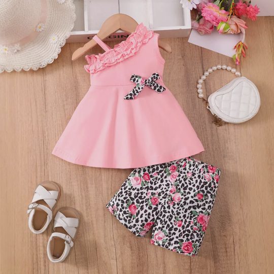 【3M-24M】Girls' Bow Sleeveless Top & Floral Leopard Print Shorts Two-Piece Set
