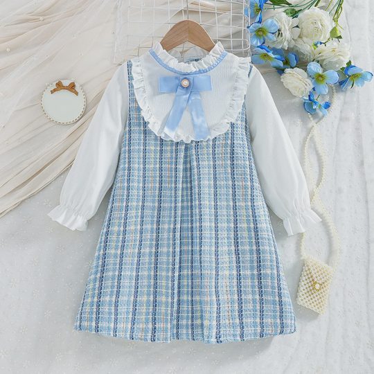 【3Y-10Y】Girls' French-Style Plaid Tweed Dress With Lace Trim