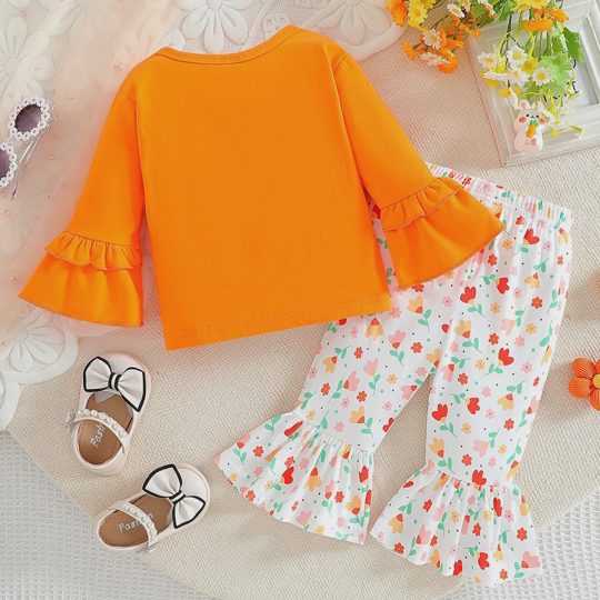 【6M-3Y】2-piece Baby Girls Cute Giraffe And Butterfly Embroidered Orange T-shirt And Pants Set