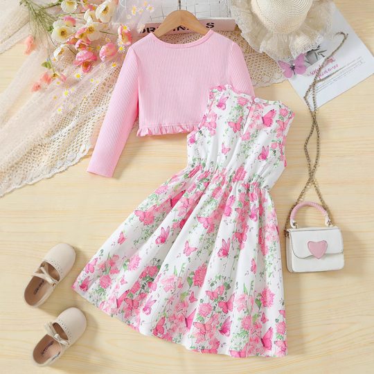 【3Y-10Y】Girls' Cardigan + Floral & Butterfly Print Pinafore Dress Set