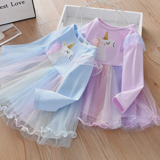 【18M-8Y】Girls Unicorn Embroidered Gradient Mesh Long Sleeve Dress