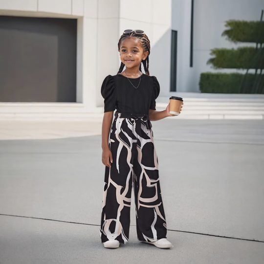 【3Y-13Y】2-piece Girls Black Puff Sleeves Top And Pants Set