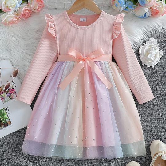 【18M-6Y】Girls Rainbow Star Sequin Mesh Princess Dress