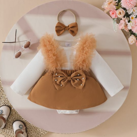 【0M-18M】Girls' Long Sleeve Ribbed Mesh Bow Beaded Romper Dress Set