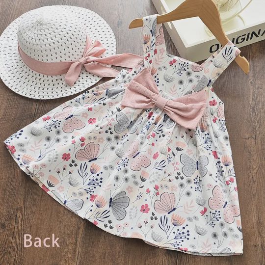 【12M-5Y】2-piece Girls Sweetheart Butterfly And Floral Print Dress With Free Bow Hat - 33386