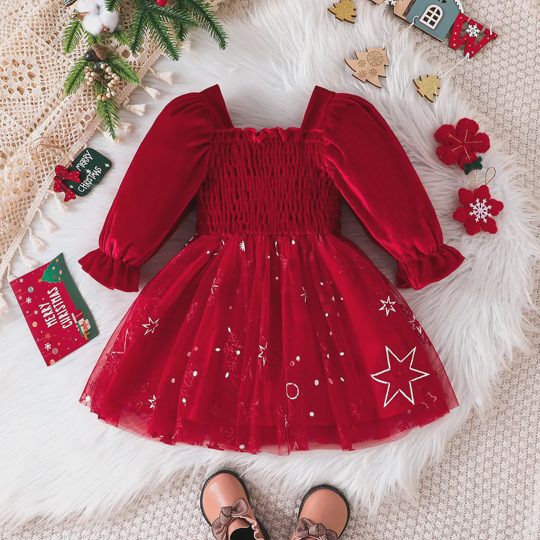 【9M-5Y】Girls Christmas Cable-Knit Puff Sleeve Patchwork Mesh Dress