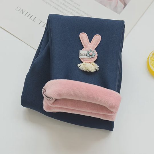 【18M-7Y】Girls Thick Fleece Bunny Applique Leggings